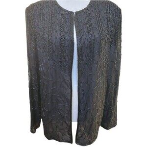 JMD Vintage Black Silk Beaded Jacket Size Medium Long Sleeve Lined